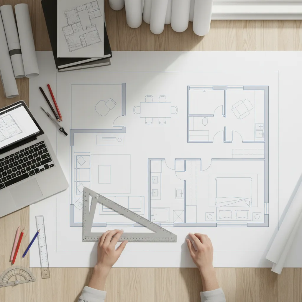 Plano de distribución interior con muebles y medidas
