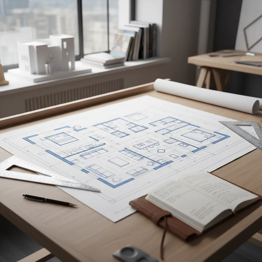 House floor plan drawing on wooden table with ruler pen notebook and white house model