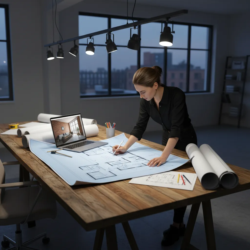 Diseñador analizando plano de distribución de vivienda