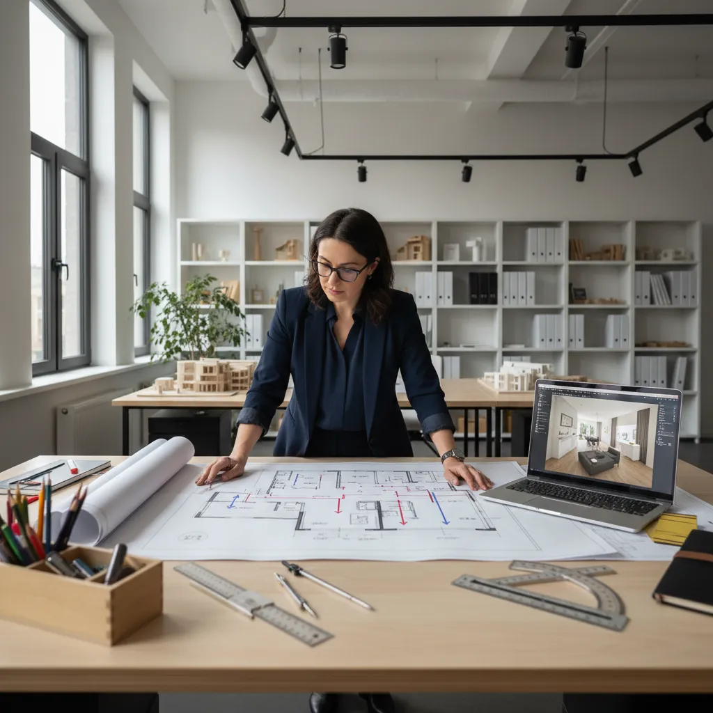 Interior designer analyzing floor plan layout and circulation paths