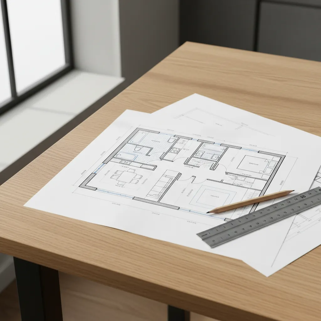 Hand drawn interior design drawing on wooden desk with pencil and ruler for home renovation