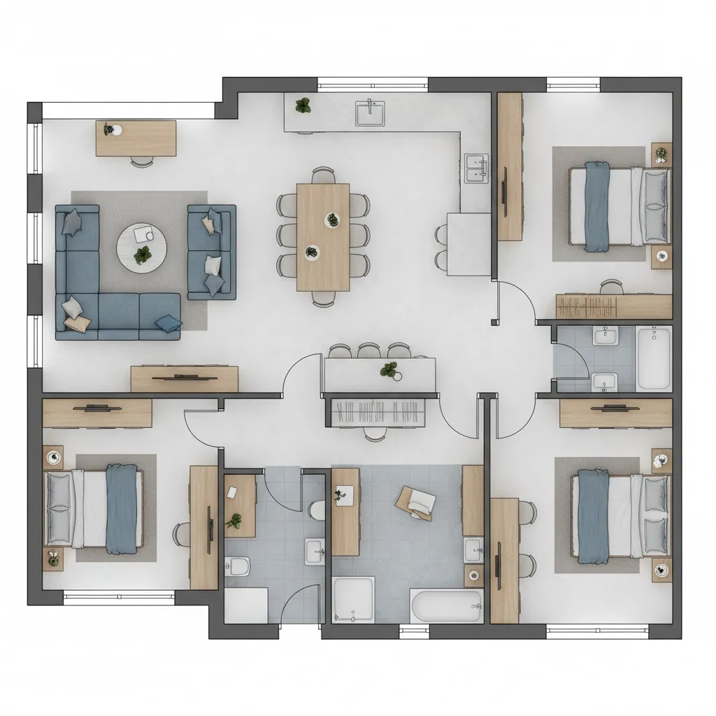 Plano de distribución de un apartamento con mobiliario y zonas funcionales