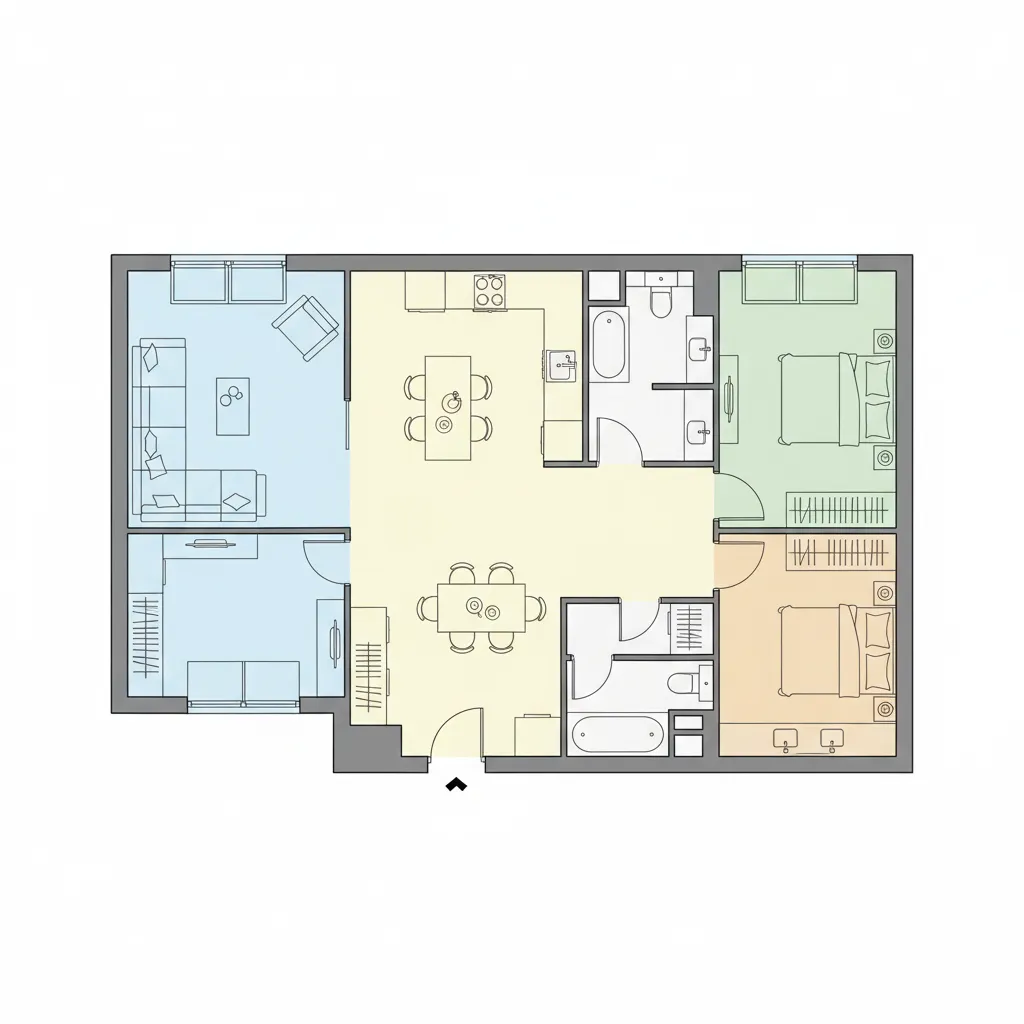Plano de distribución de apartamento con zonificación funcional