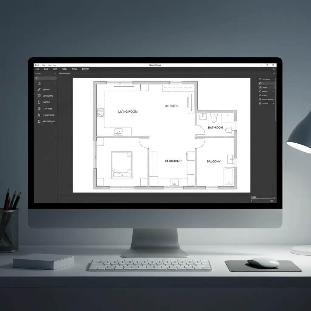 Interior design software displaying a floor plan layout with room measurements