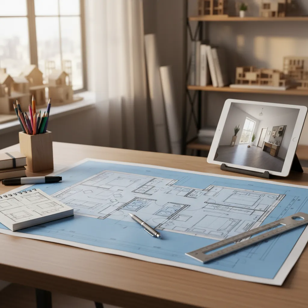 Interior designer reviewing apartment floor plan layout for furniture placement