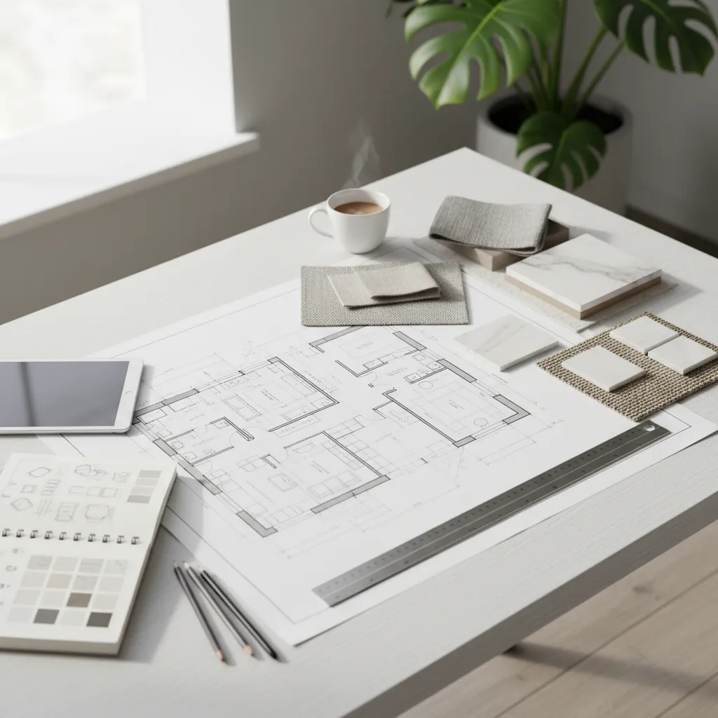 Interior designer analyzing a residential floor plan with materials and sketches