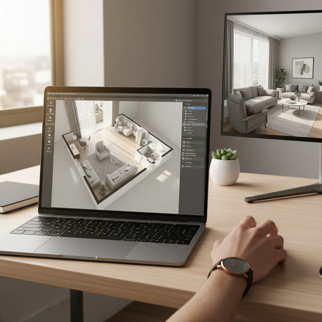 Digital 3D floor plan displayed on laptop with student adjusting layout design
