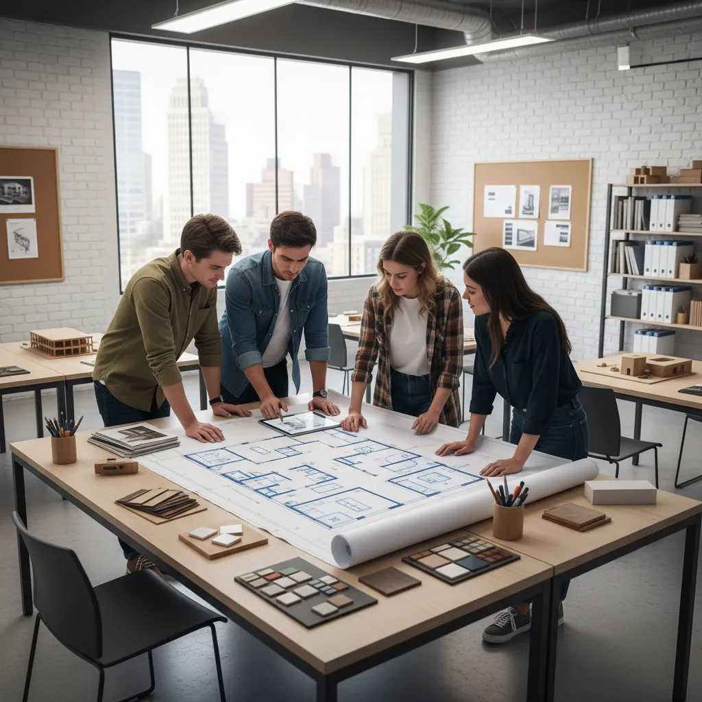 interior design students reviewing a floor plan and spatial layout