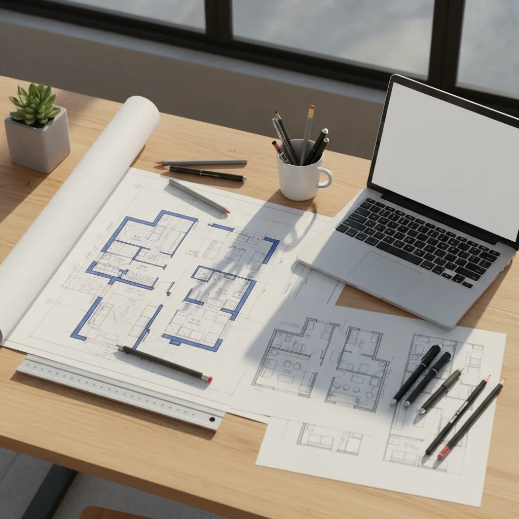 Plano de distribución de apartamento siendo analizado en mesa de trabajo