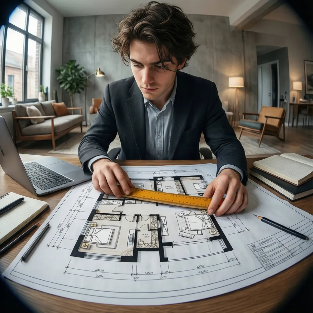 Estudiante analizando un plano de vivienda para mejorar la distribución