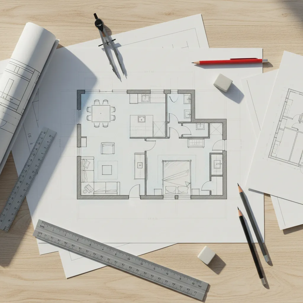 A detailed floor plan layout on a wooden desk with pencils and rulers for designing