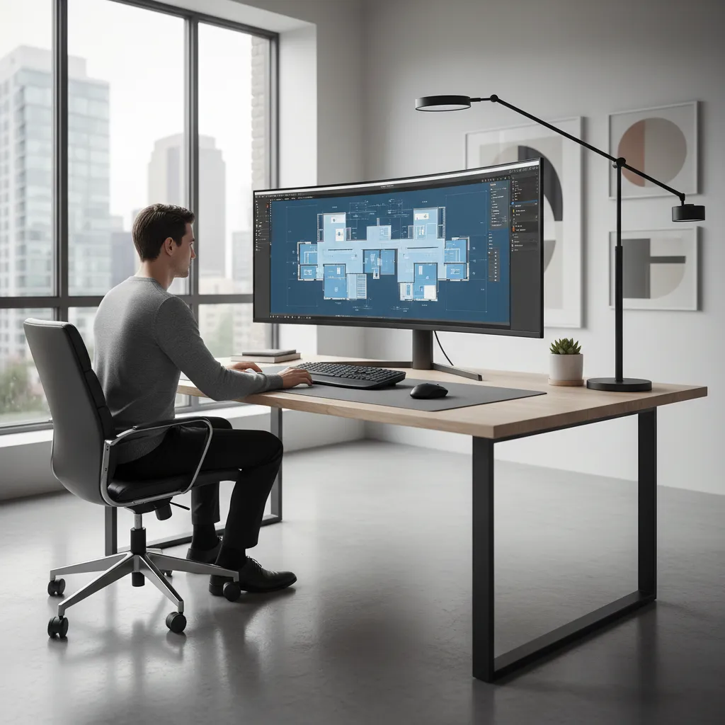 designer creating interior floor plan layout on computer
