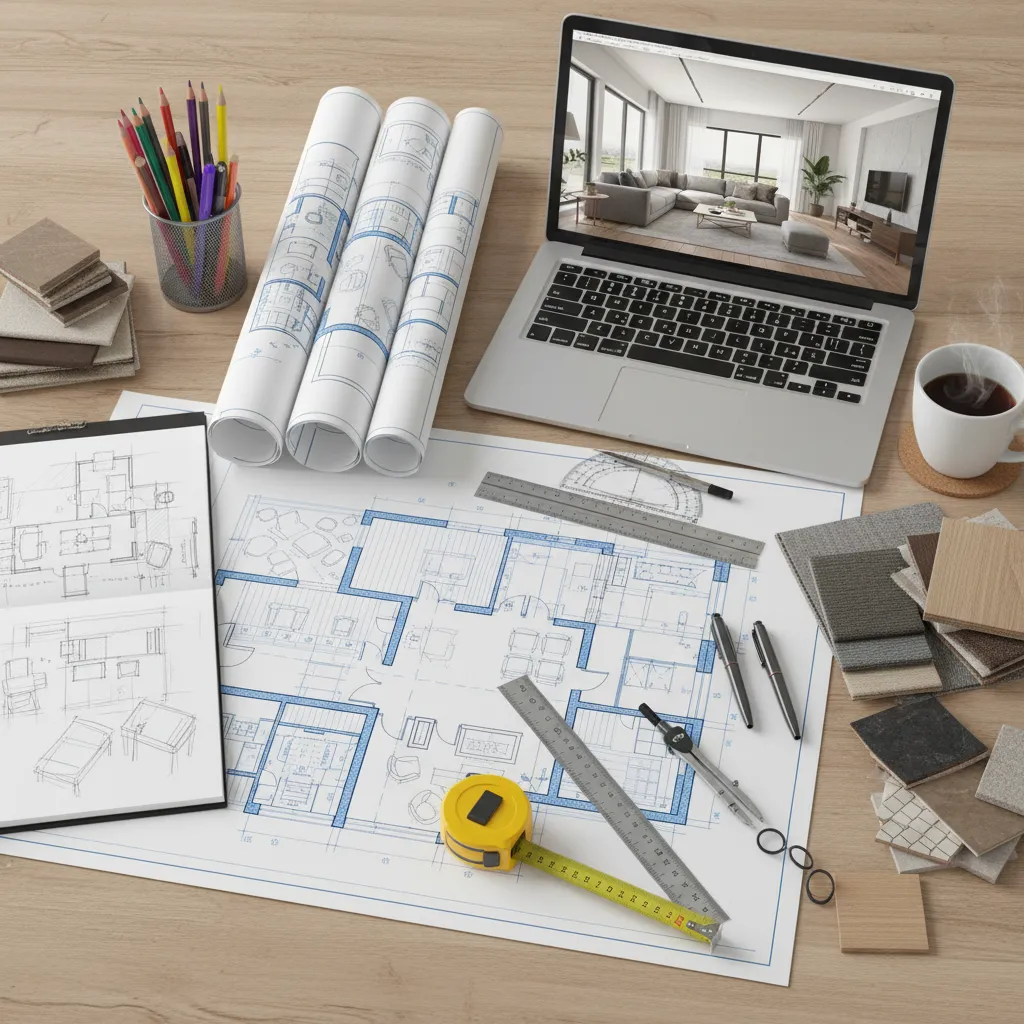 Interior designer reviewing floor plan layout and spatial arrangement