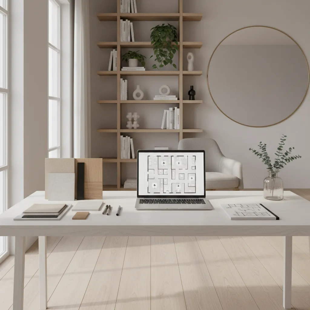 Laptop showing floor plan design on white desk with material samples and bookshelf in background
