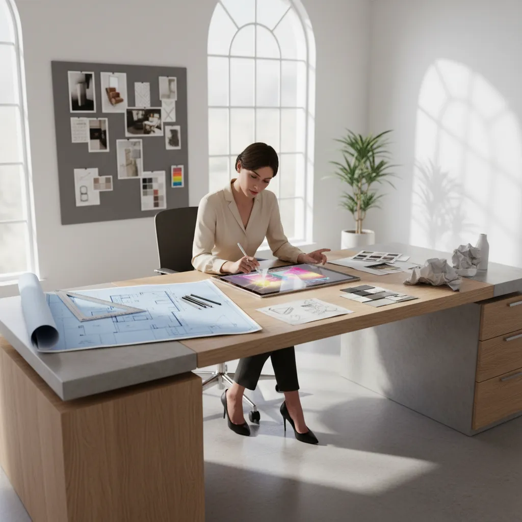 interior designer reviewing 2D floor plan layout on tablet and printed blueprint