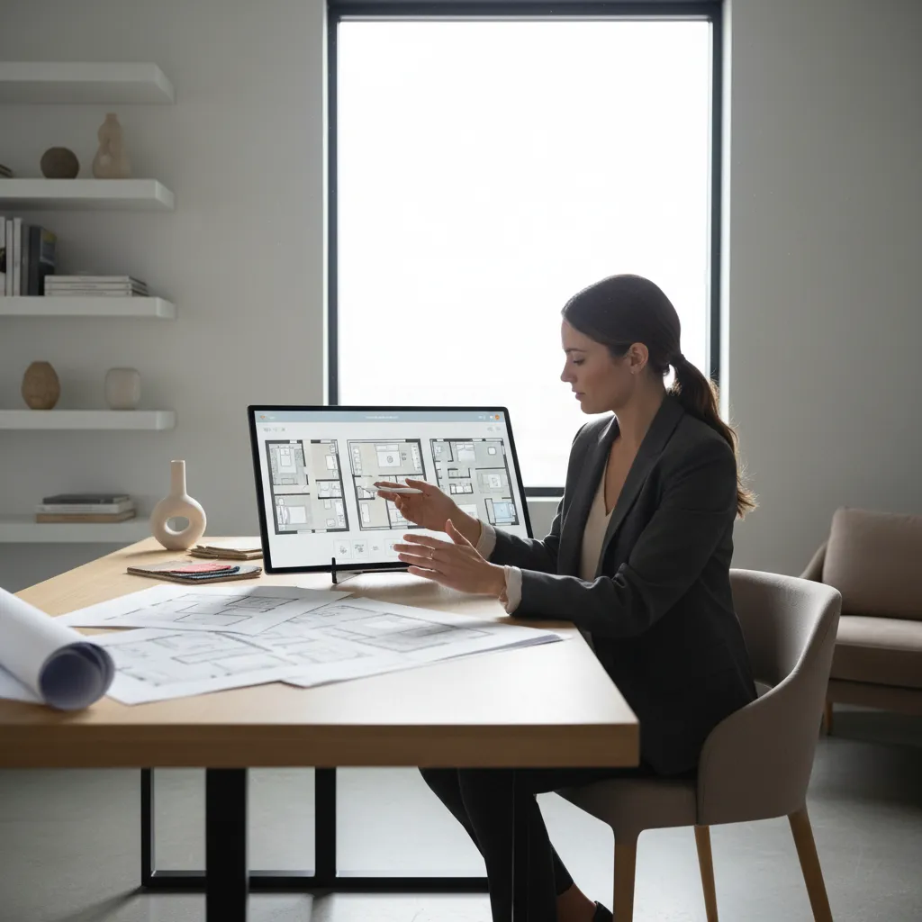 Designer reviewing multiple floor plan layout options on tablet