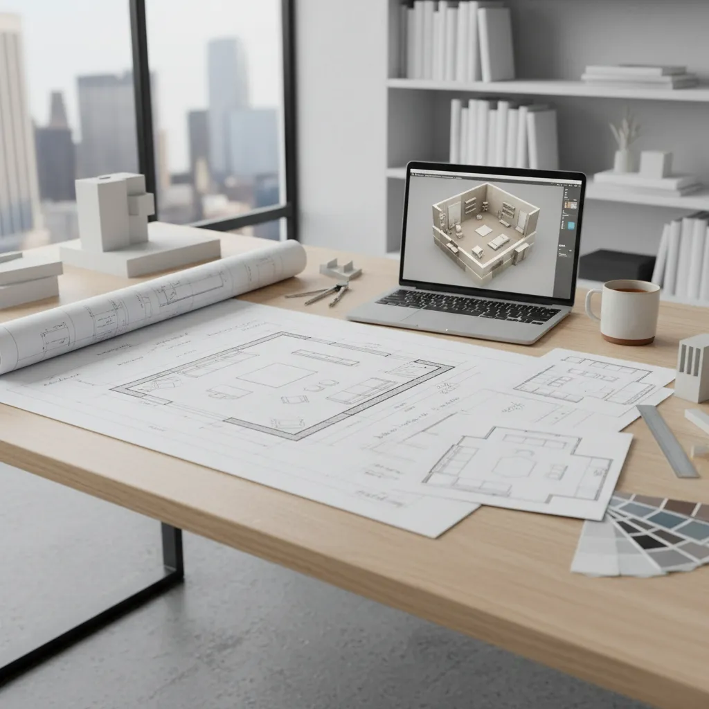 interior designer planning furniture layout on floor plan