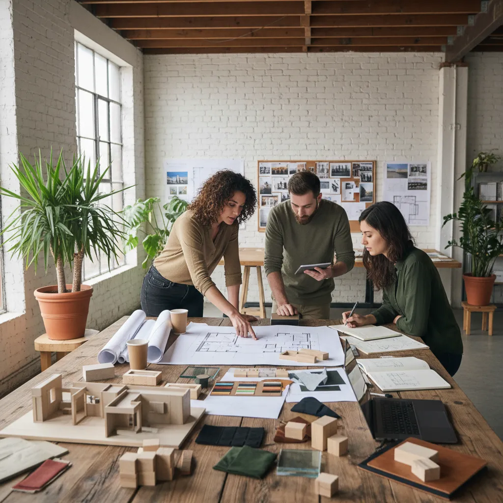 Diseñadores revisando un plano de reforma en una mesa de trabajo