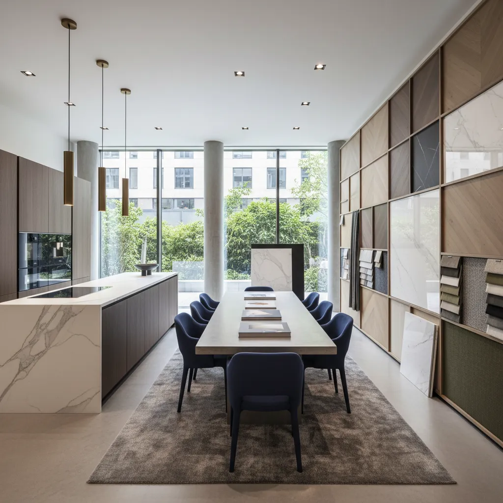 Modern interior design showroom with long table, blue chairs, marble island, and material sample display