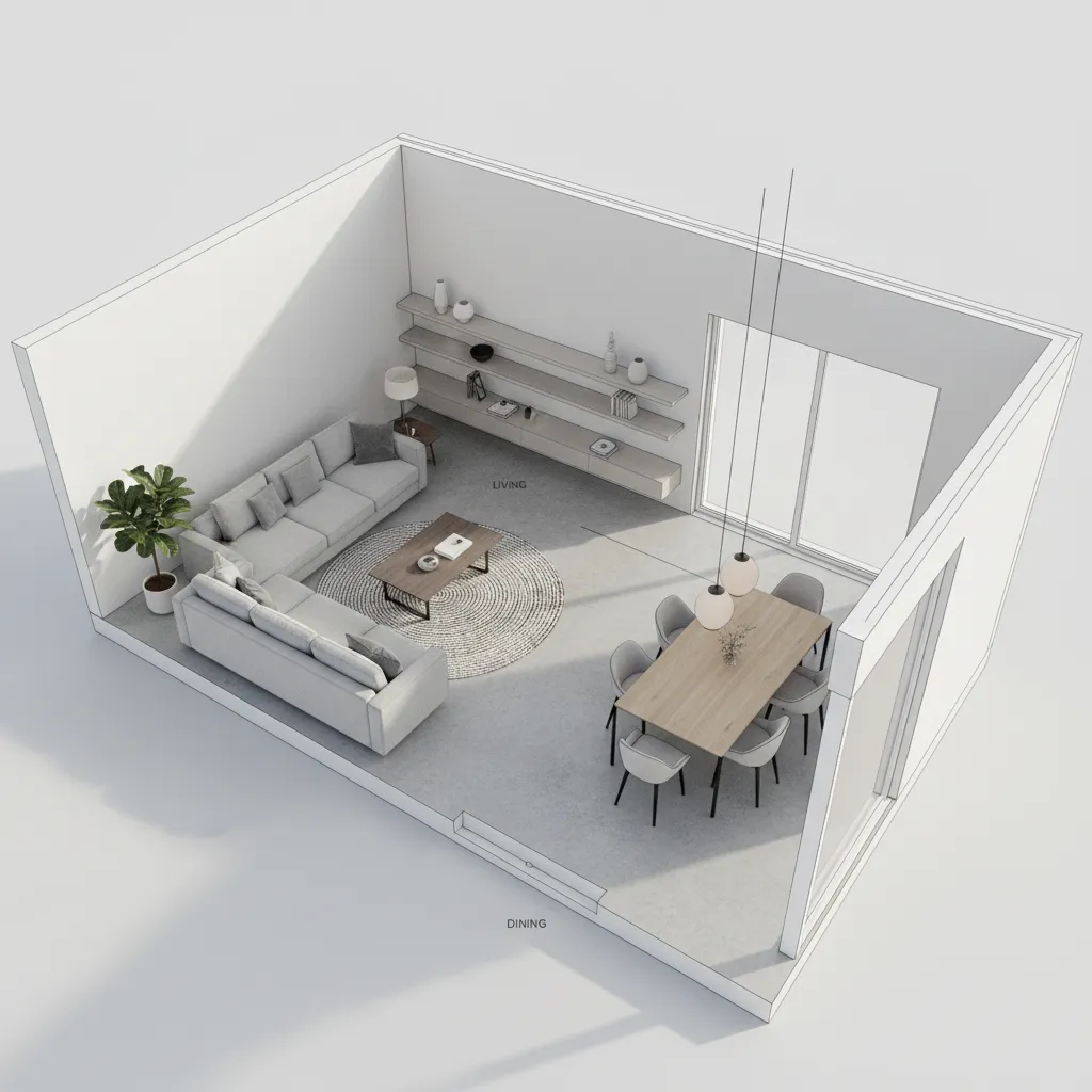 3D floor plan showing furniture placement planning for interior design project