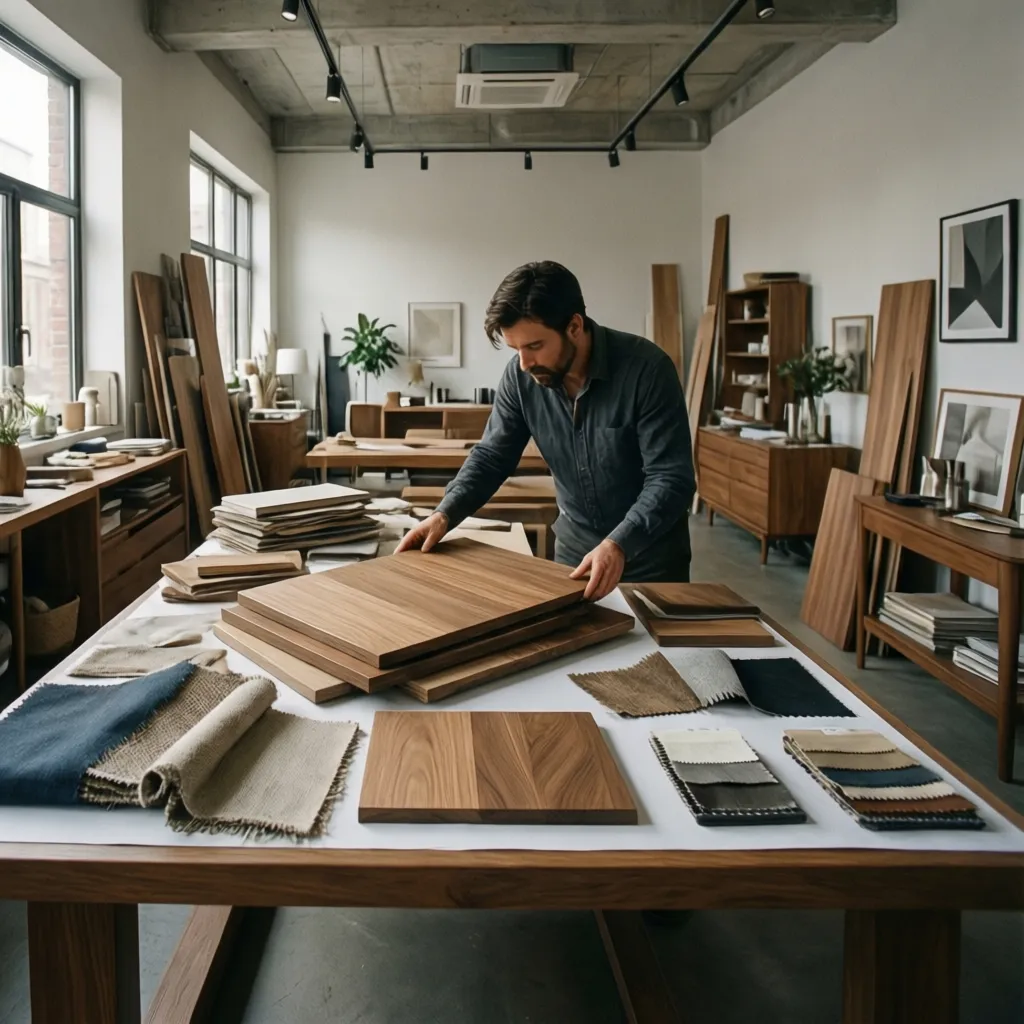 diseñador revisando muestras de materiales y muebles
