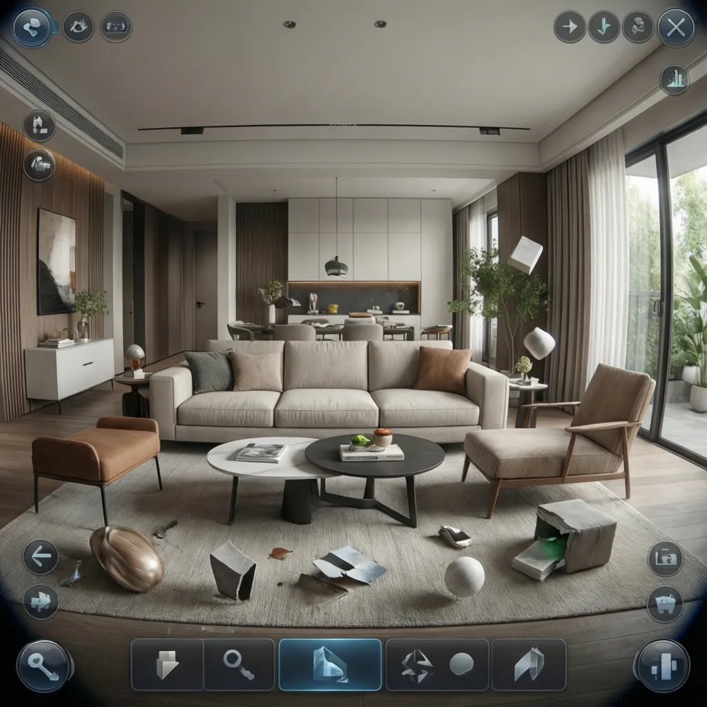 Interior design game interface showing a modern living room with beige sofa and coffee tables