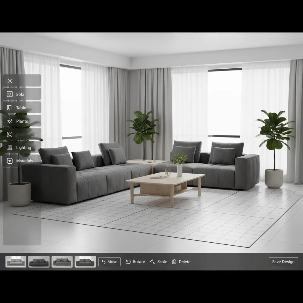Coohom interior design software showing a living room layout with grey sofa and tool menu