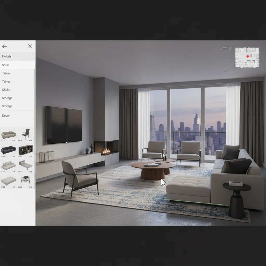 Interfaz de un juego de diseño de interiores mostrando una sala editable
