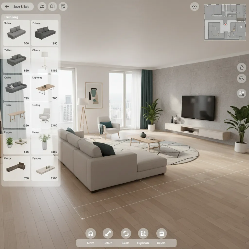 Coohom interface showing furniture selection menu and 3D living room layout with a floor plan