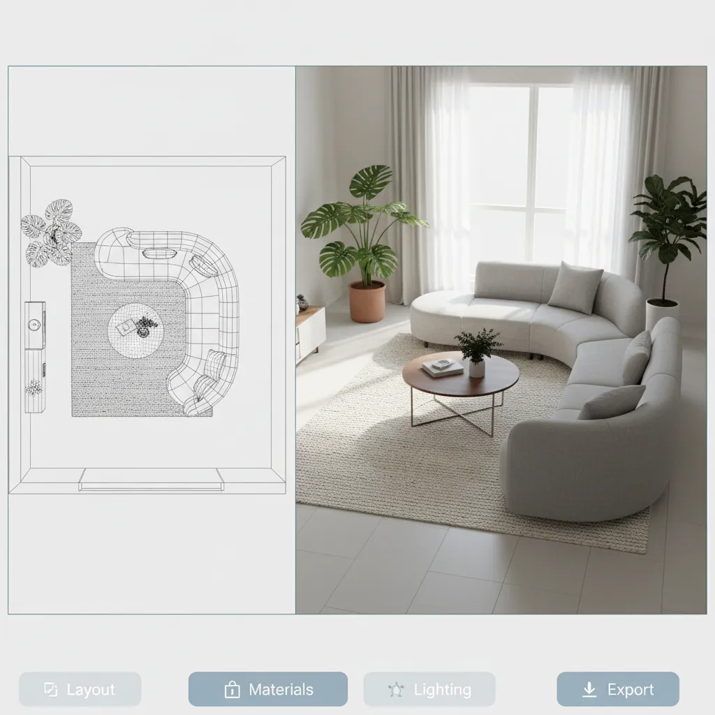 Interfaz de simulador de diseño con muebles colocados en una sala virtual