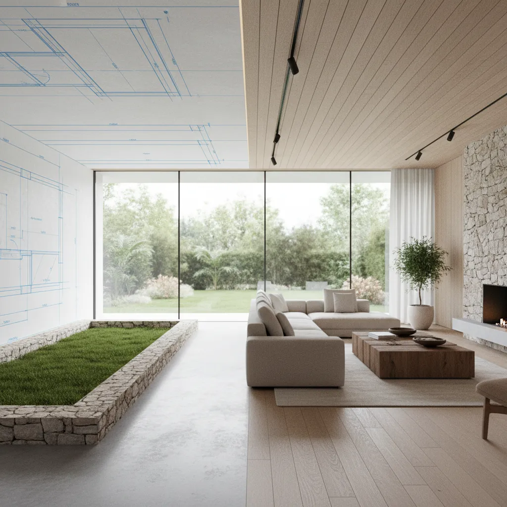 Dibujo de decoración de interiores con césped