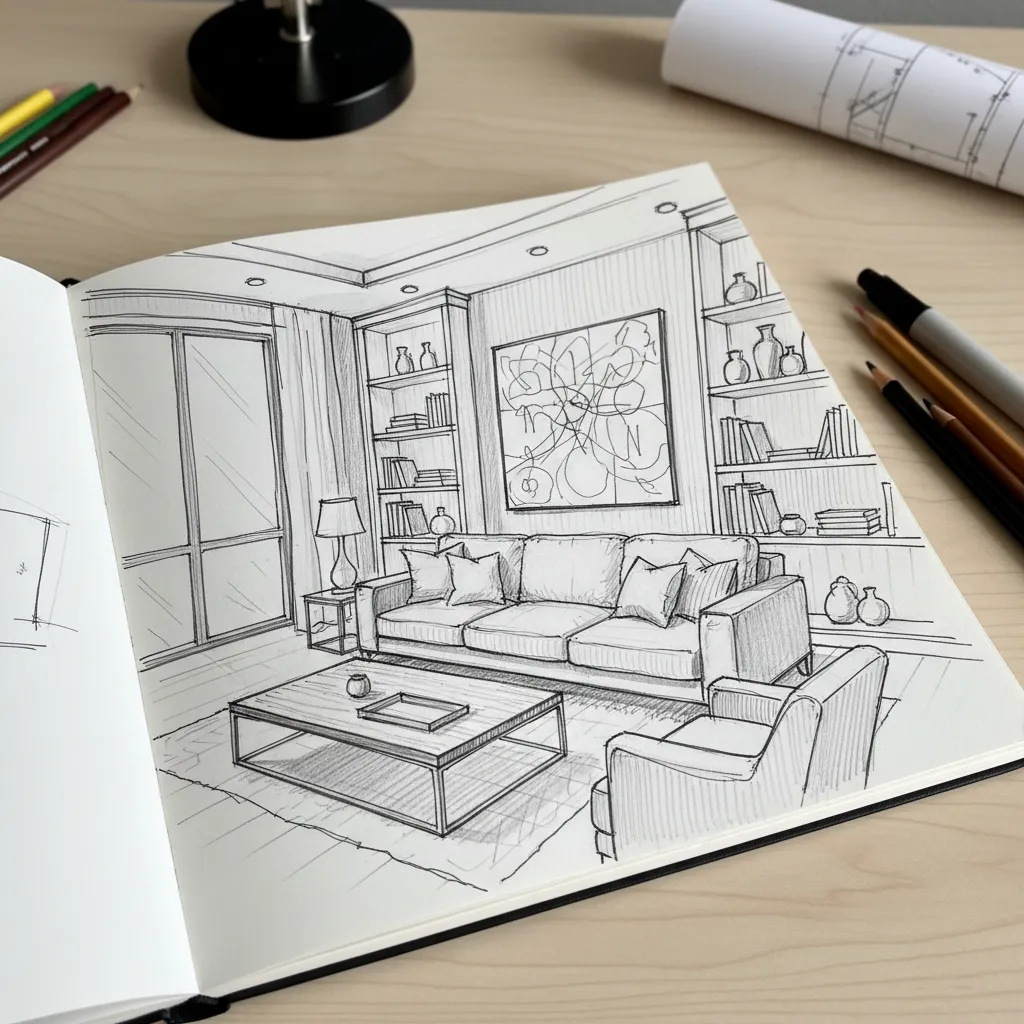 Boceto a mano alzada de un salón con sofá, mesa de centro y estantería en perspectiva