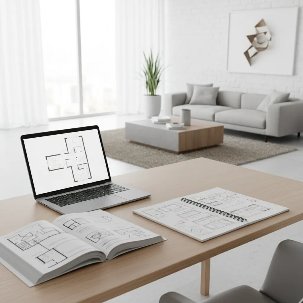 workspace with interior design handbook sketches and laptop planning a living room layout