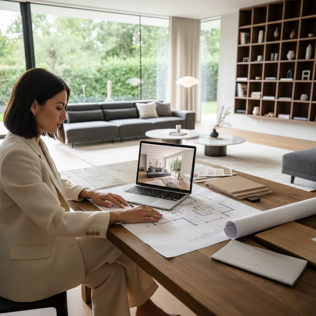 Woman at wooden desk with laptop and paper floor plan designing a modern living room