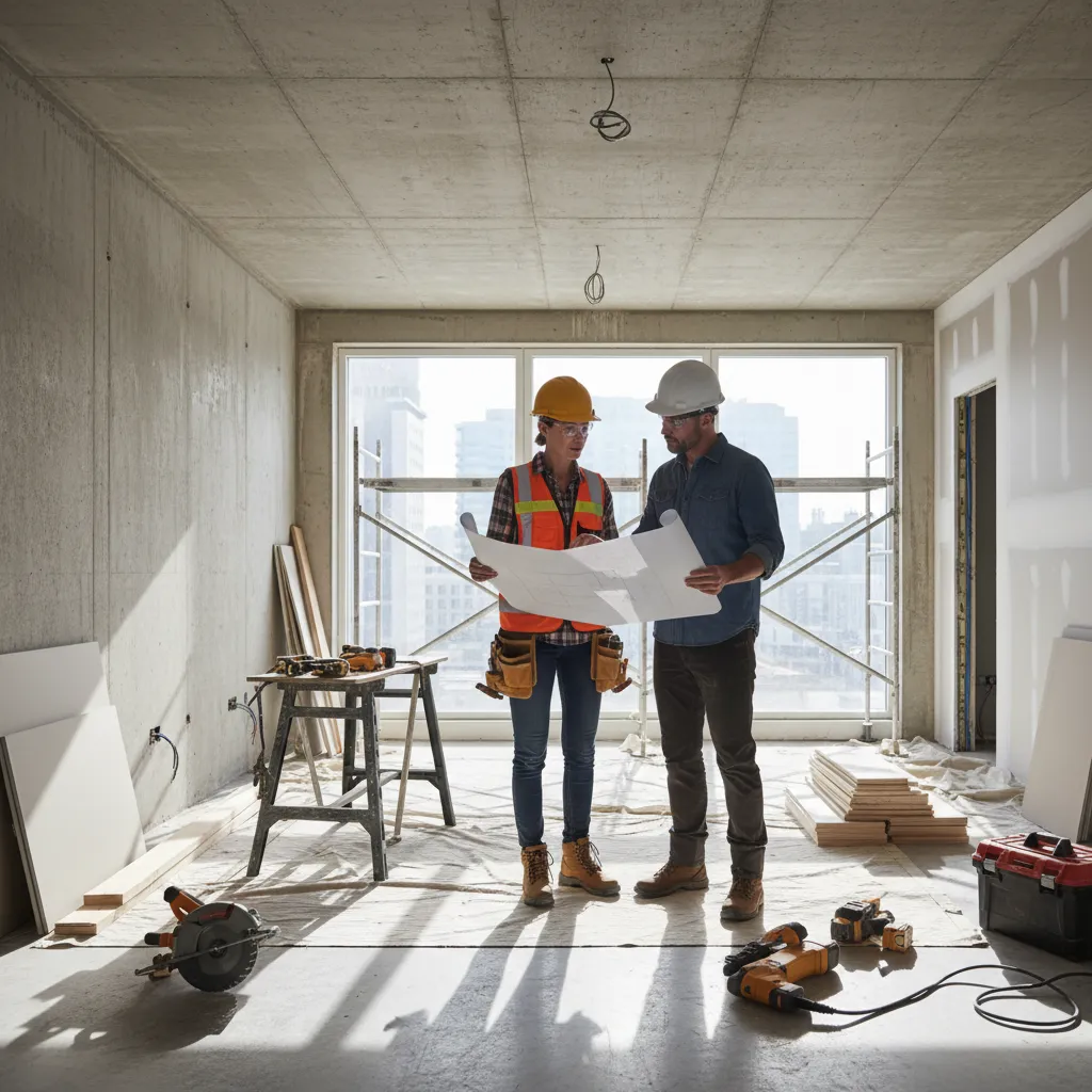 Reforma de vivienda con diseñador revisando planos en obra