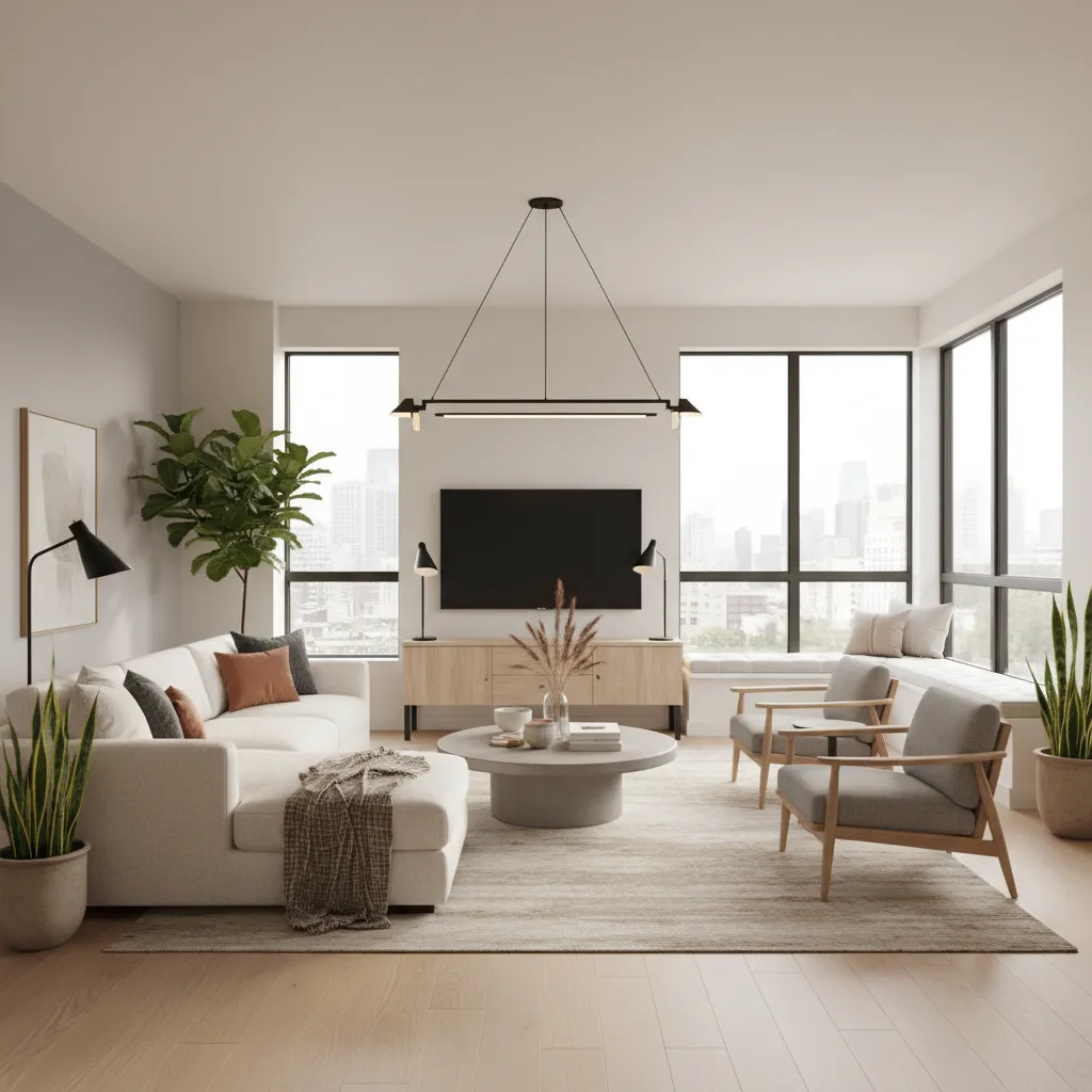 Modern living room with white sofa, grey chairs, wooden cabinet, black ceiling light, large windows