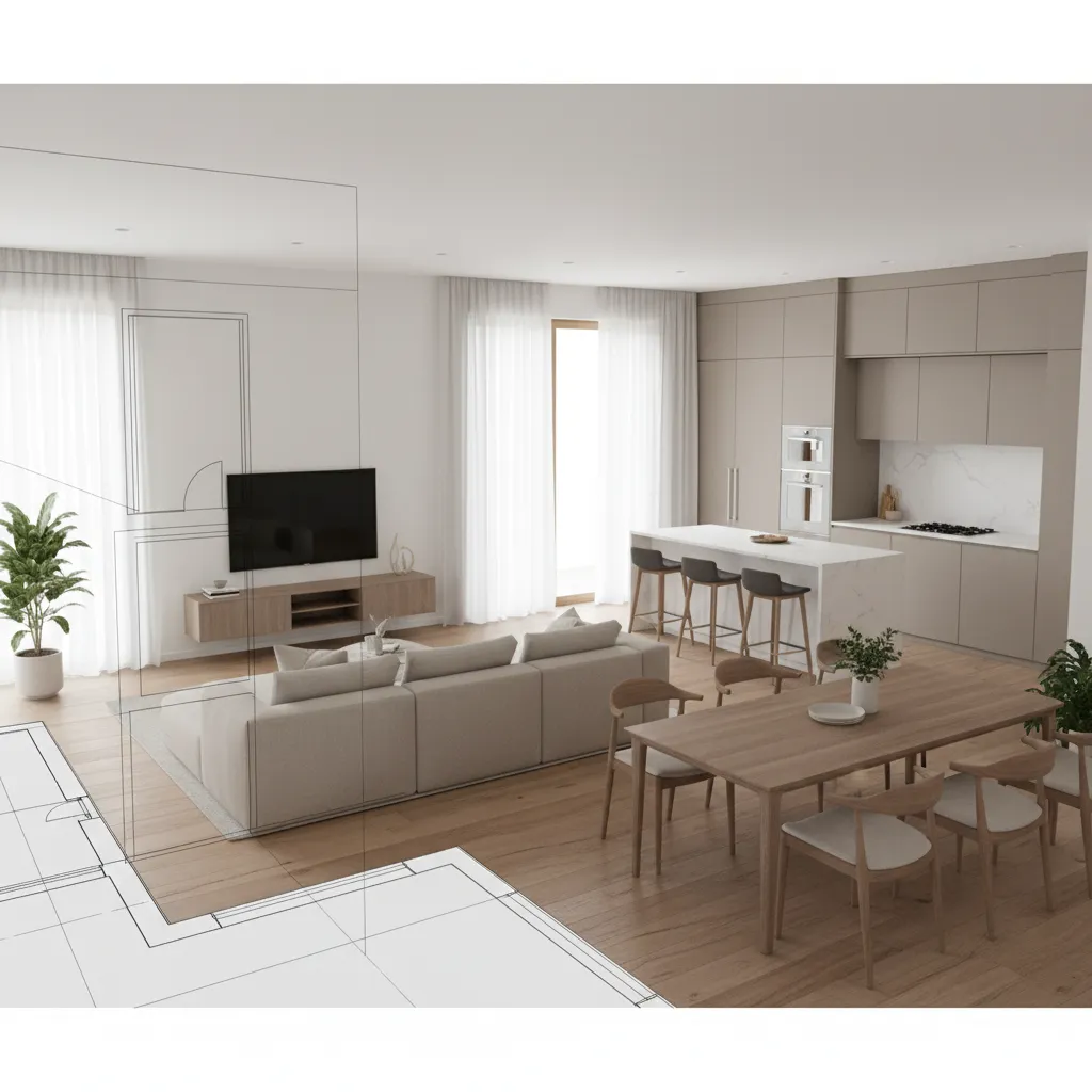 Modern open plan room comparison showing interior design drawing overlaying realistic kitchen and dining area