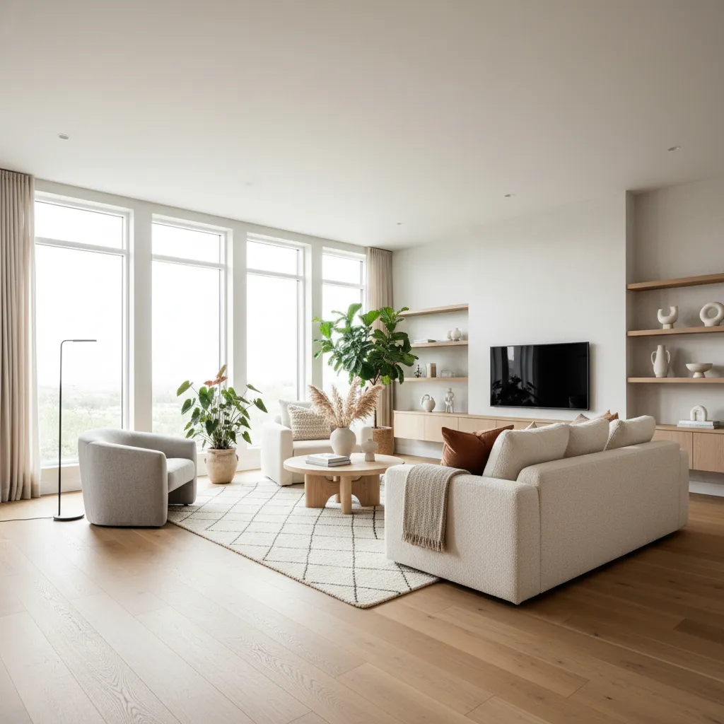 Bright living room with white sofa television on wall large windows and light wood flooring
