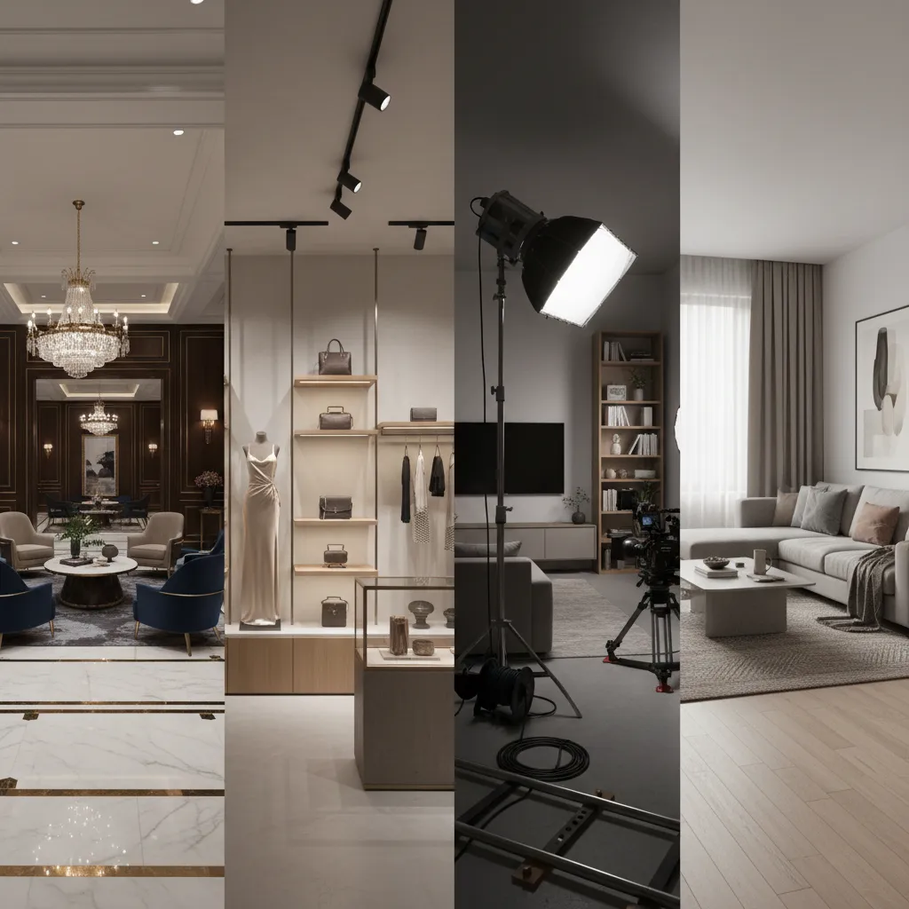 Four scenes showing luxury lounge retail shop filming studio and modern living room interior design