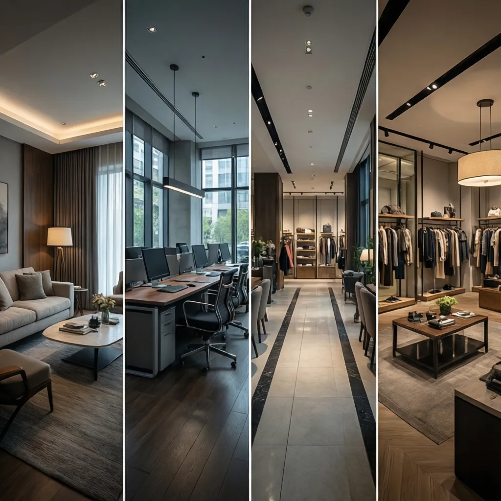 comparison of residential, office, hospitality, and retail interior design spaces