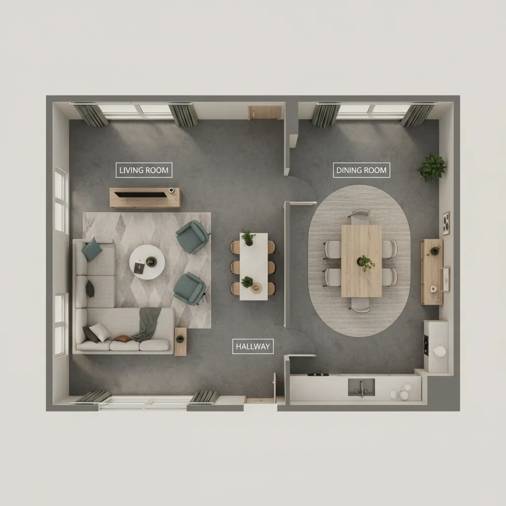 Plano visual con muebles y zonas de un salón comedor