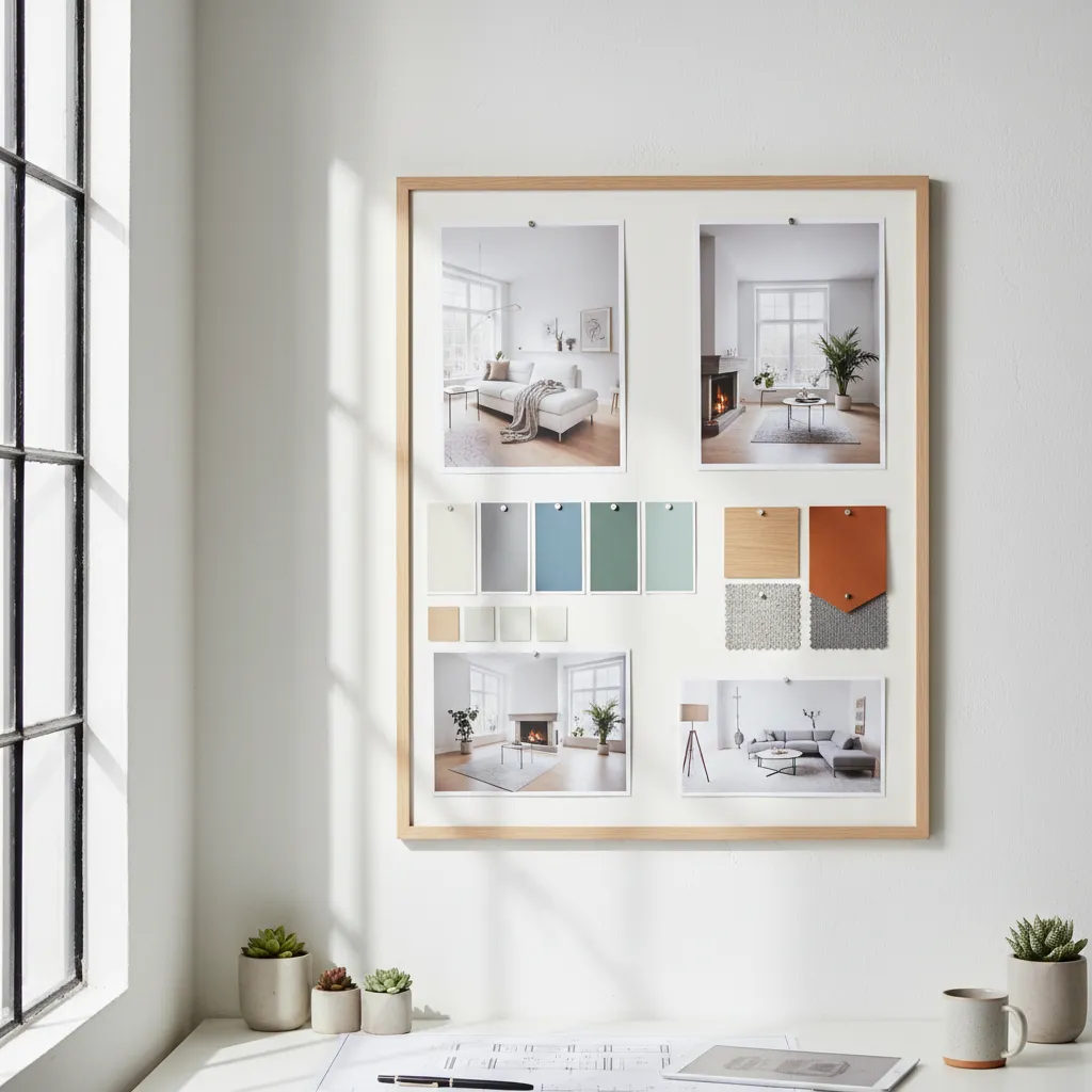 Interior design inspiration board with photos, color palettes, and furniture references