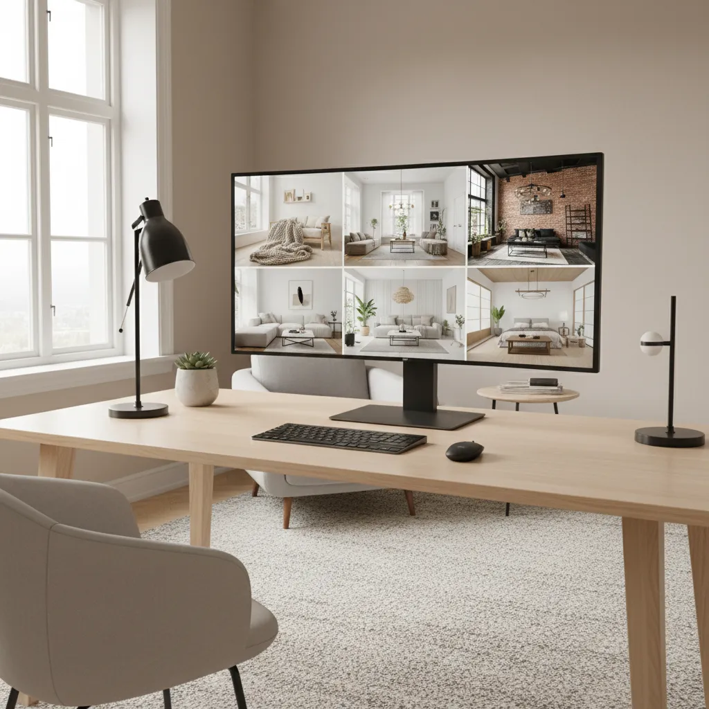 multiple interior design style examples displayed on a large screen