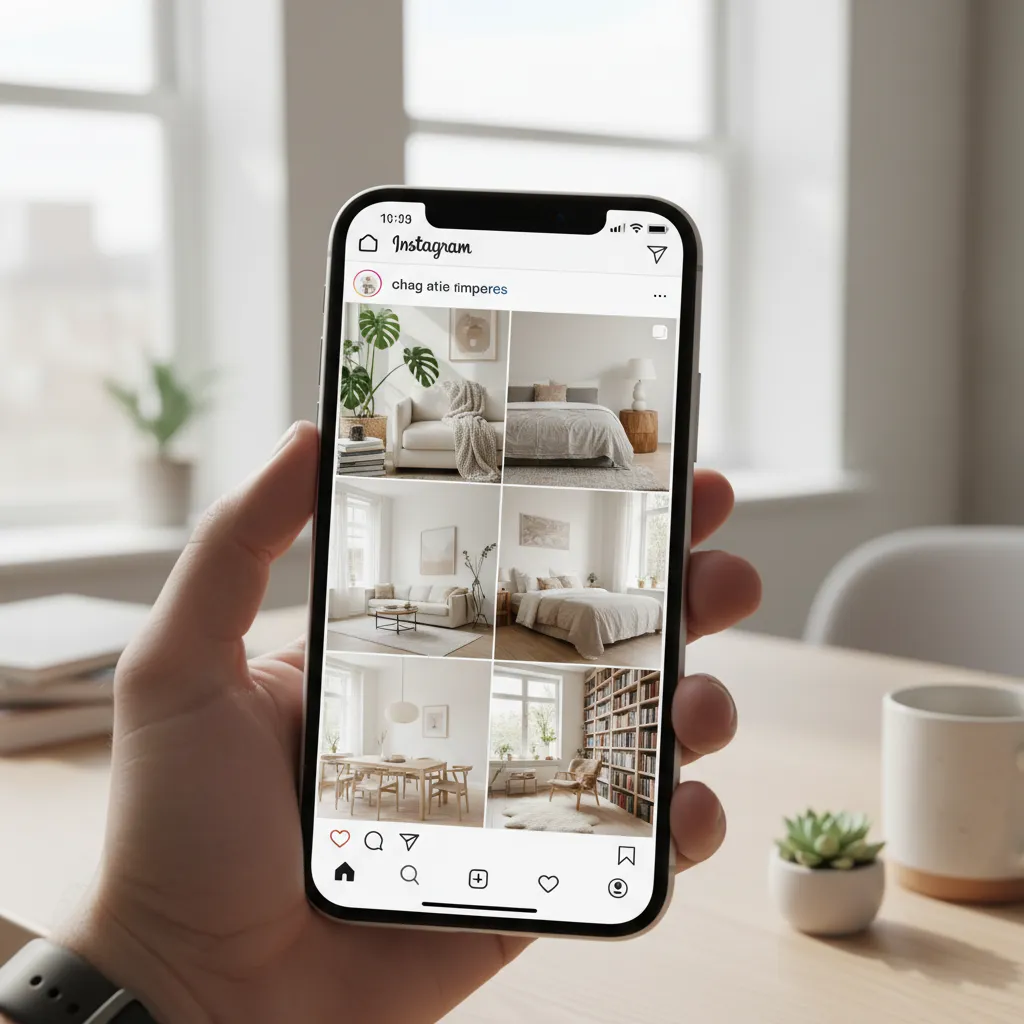Pantalla de móvil mostrando varias cuentas populares de diseño interior en Instagram