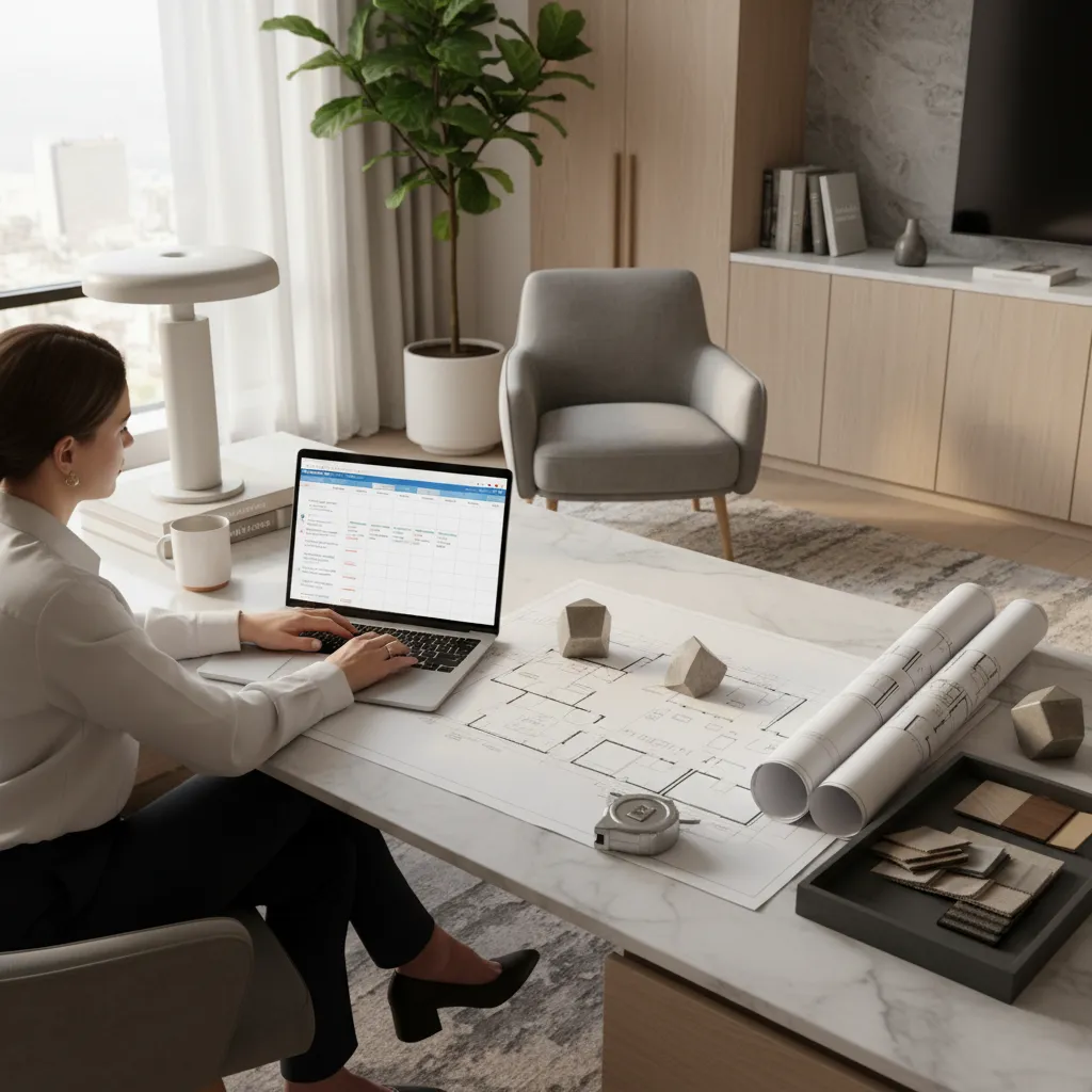 interior designer planning installation schedule with laptop calendar and furniture layout plans