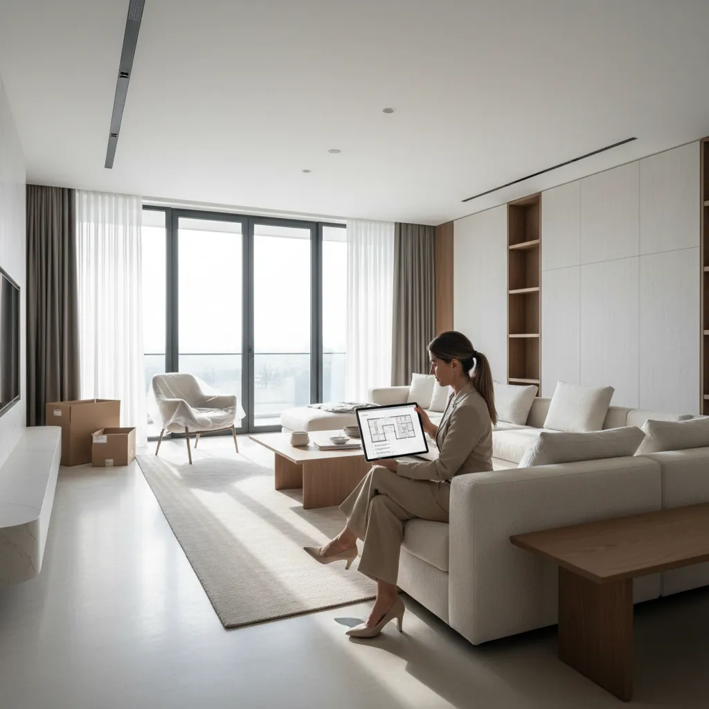 Interior designer reviewing furniture layout and installation plan on tablet