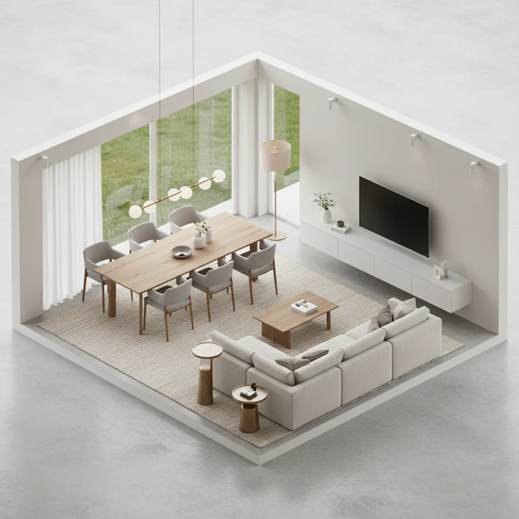 interior design presentation showing isometric layout with furniture arrangement