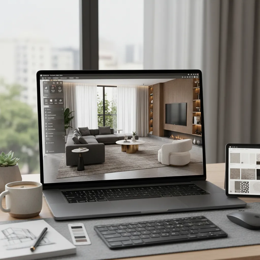 Pantalla de laptop mostrando modelo 3D de una sala de estar