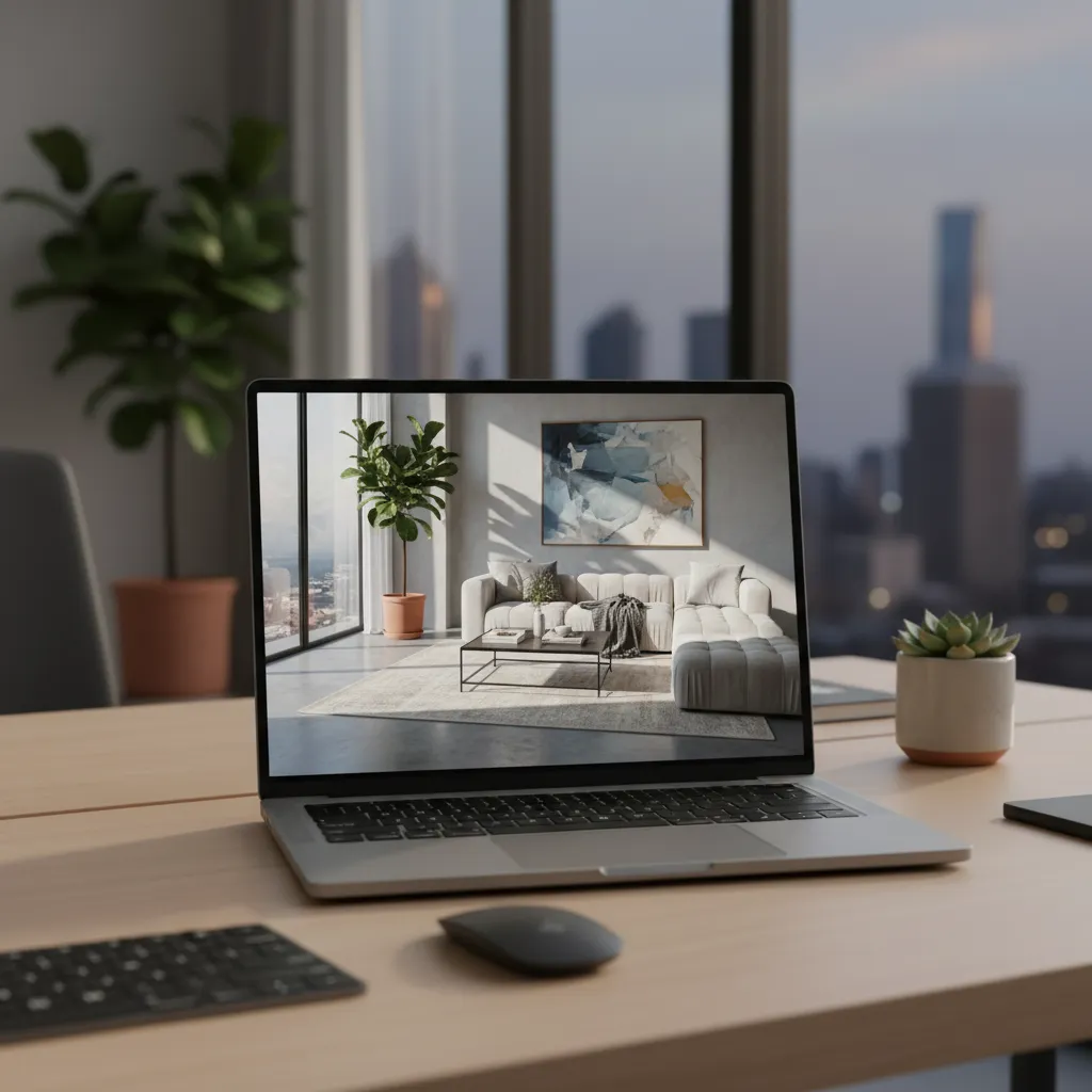 Renderizado de interior mostrado en portátil con materiales realistas