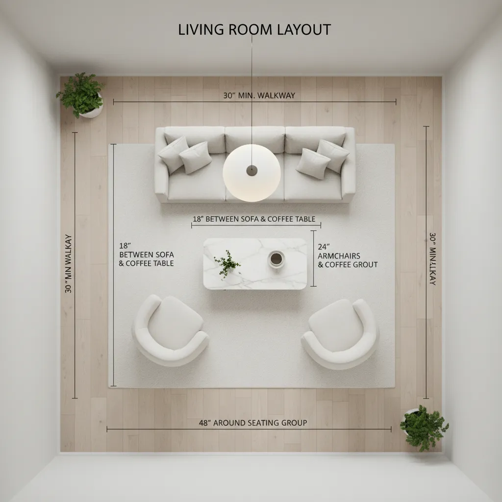 diagram showing spacing clearance around furniture in a living room layout